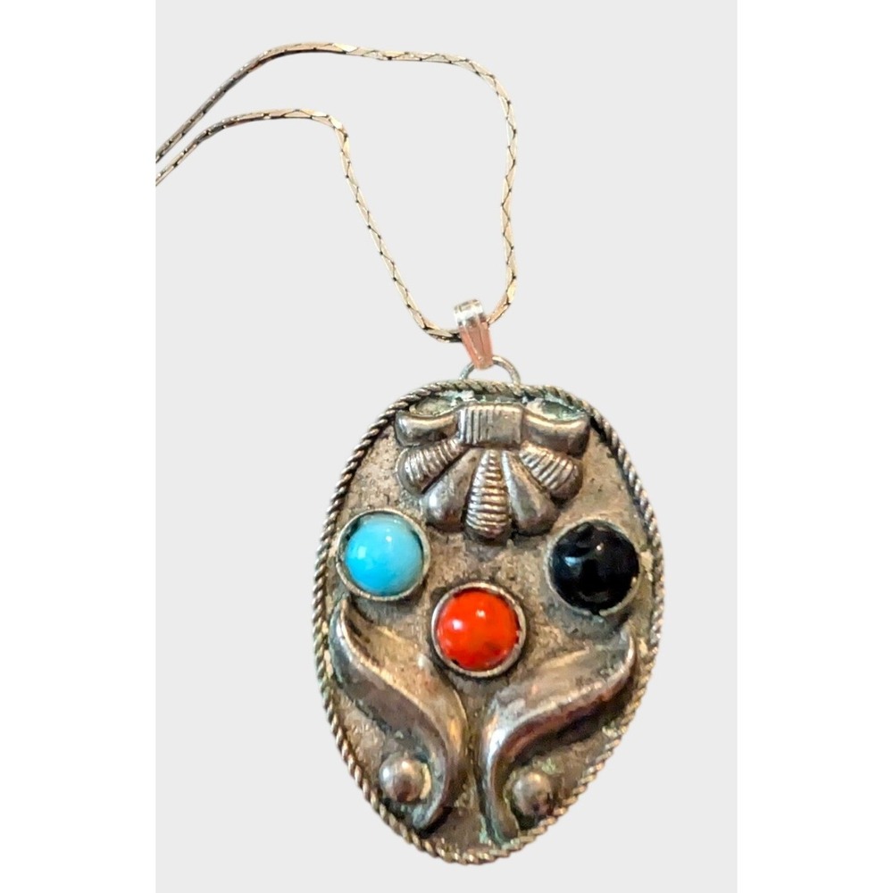 Vintage Silver Pendant Necklace Aqua Blue Red  Black Southwestern Floral